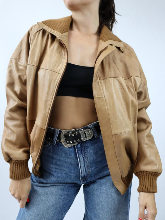 Vintage 80er 90er Lederjacke leicht gefüttert Blouson Stehkragen Strick braun 48 M