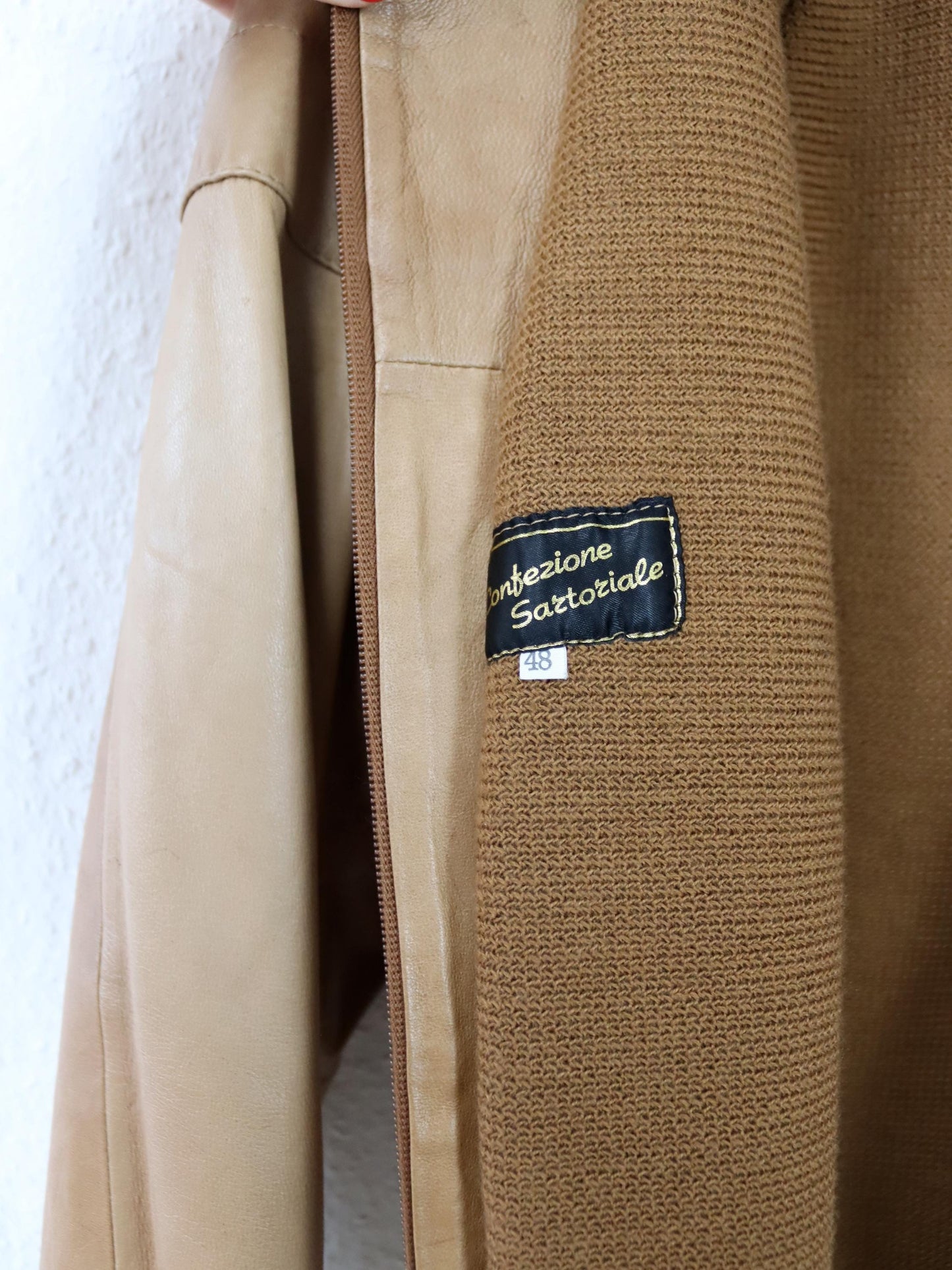 Vintage 80er 90er Lederjacke leicht gefüttert Blouson Stehkragen Strick braun 48 M