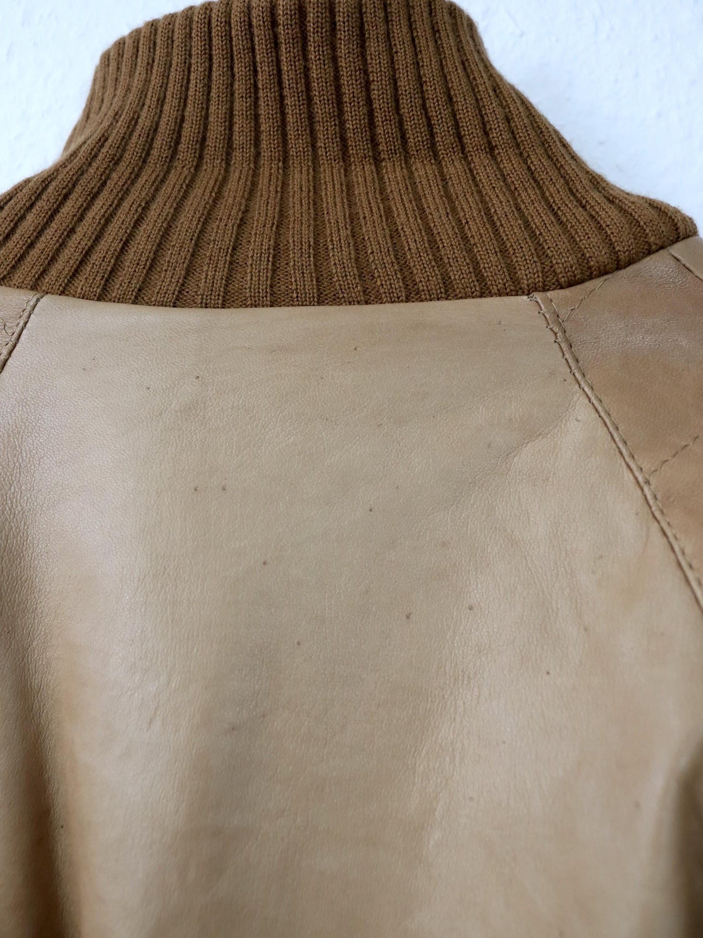 Vintage 80er 90er Lederjacke leicht gefüttert Blouson Stehkragen Strick braun 48 M
