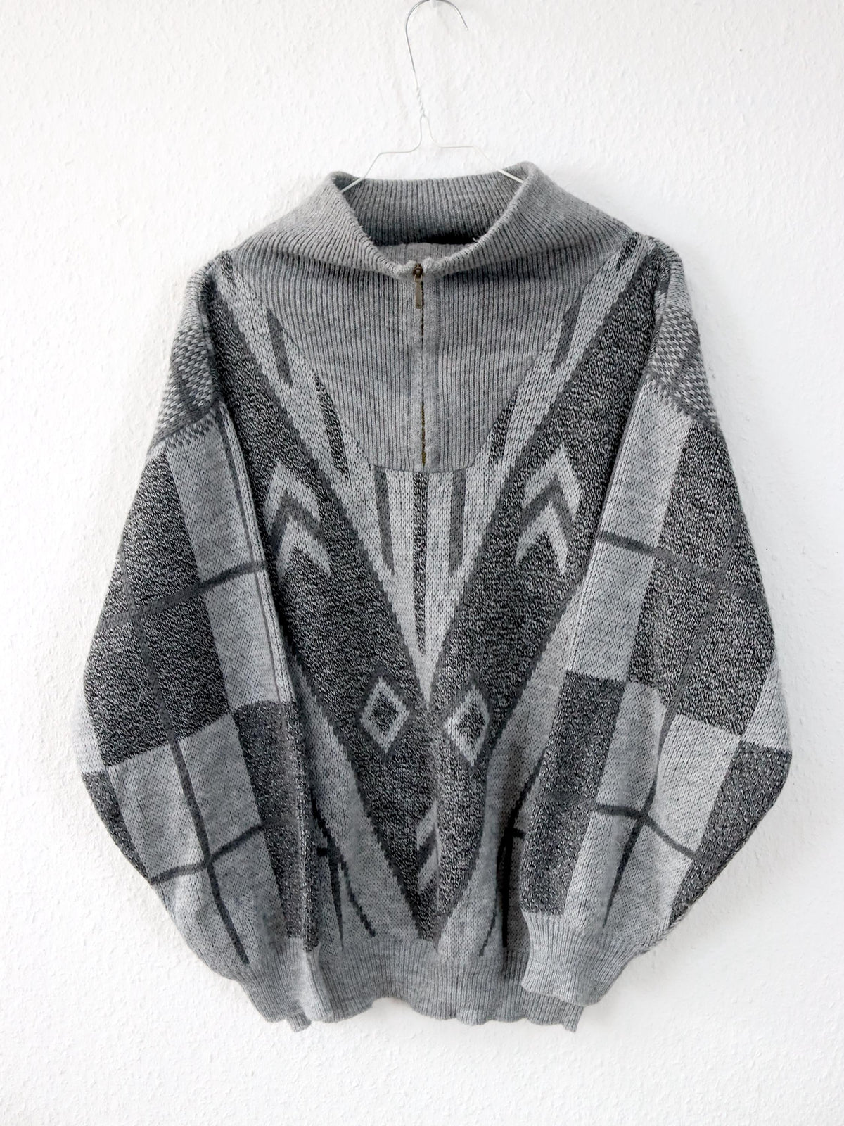 Vintage 80er 90er Strickpullover Pullover gemustert Reißverschluss grau S/M