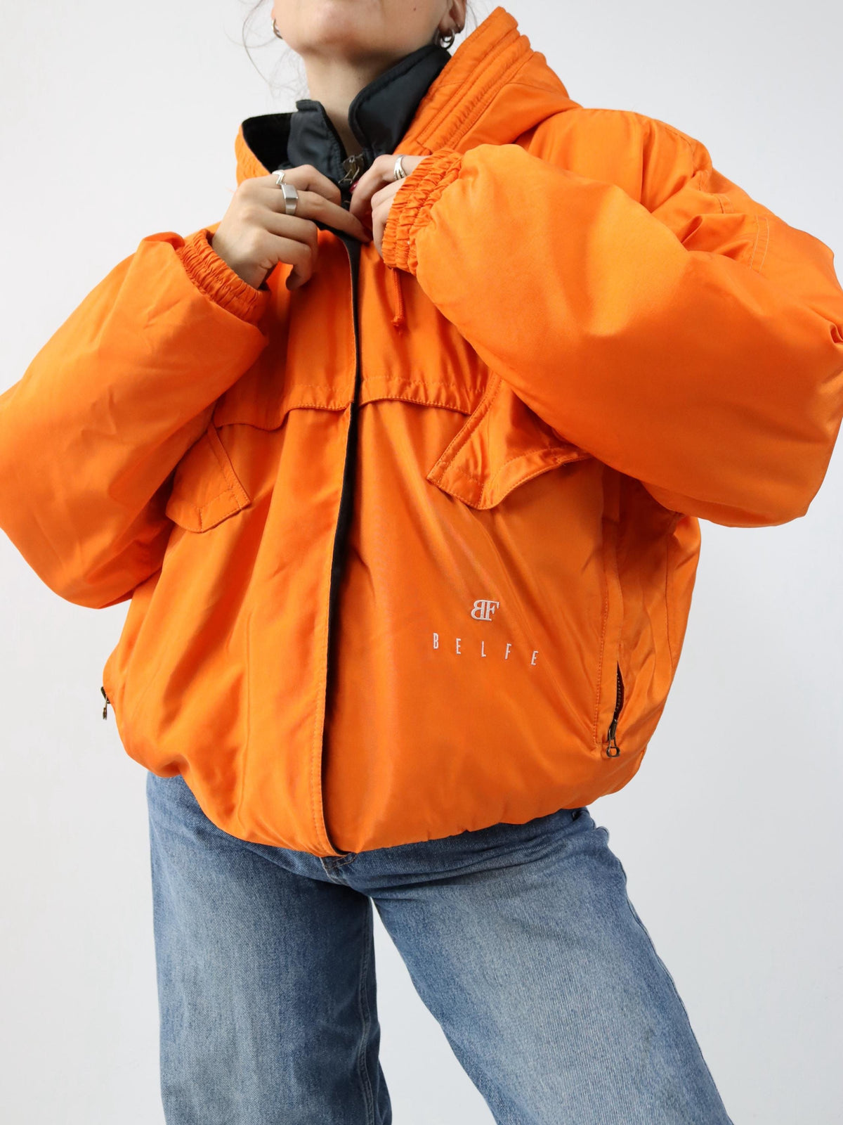 Vintage 80er 90er BELFE Winterjacke gefüttert orange schwarz Kapuze 42 L