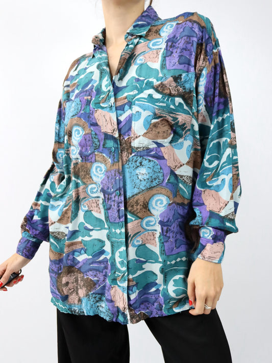 Vintage 80er 90er SPIDER Bluse langarm crazy pattern bunt L