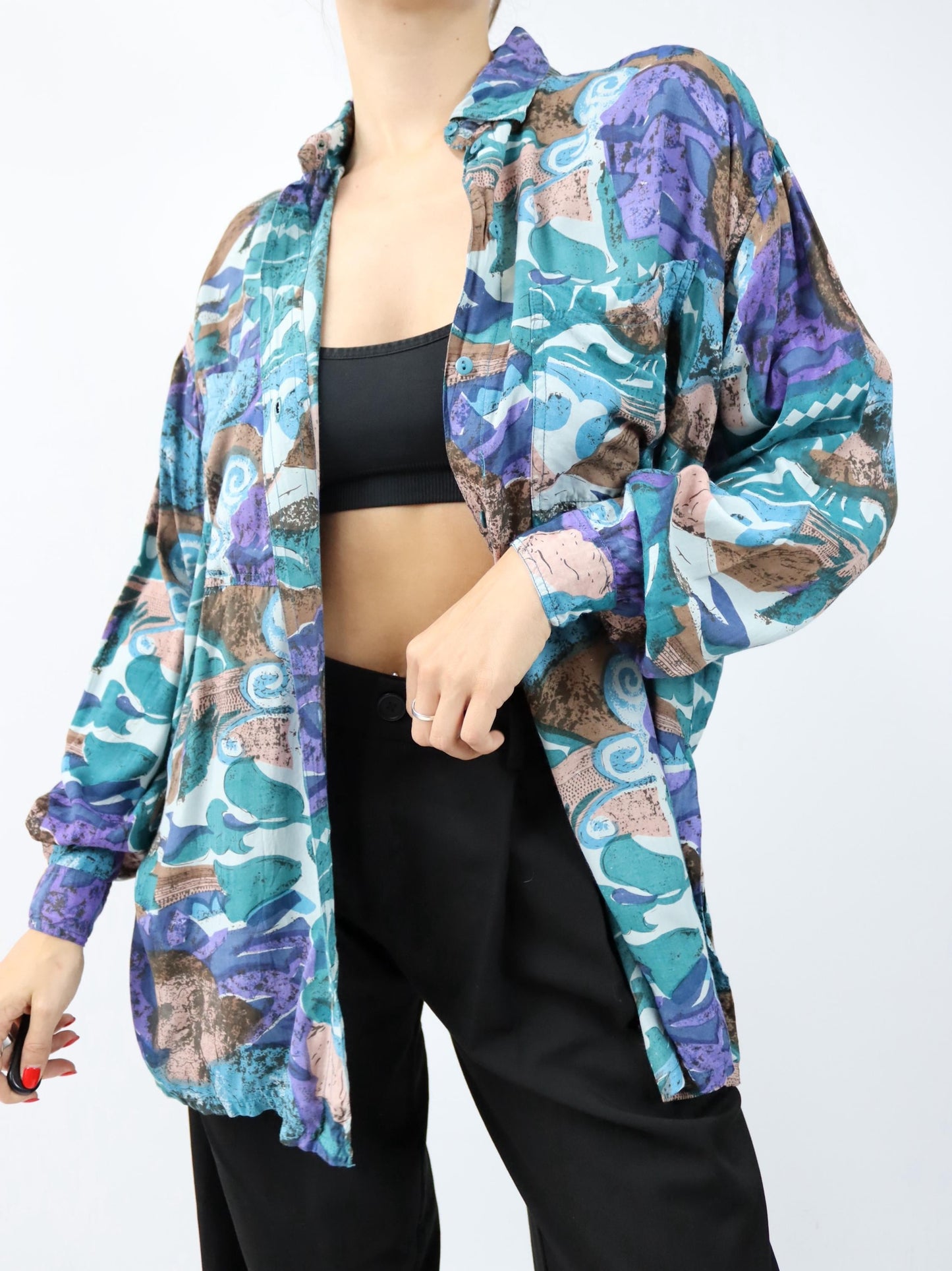 Vintage 80er 90er SPIDER Bluse langarm crazy pattern bunt L