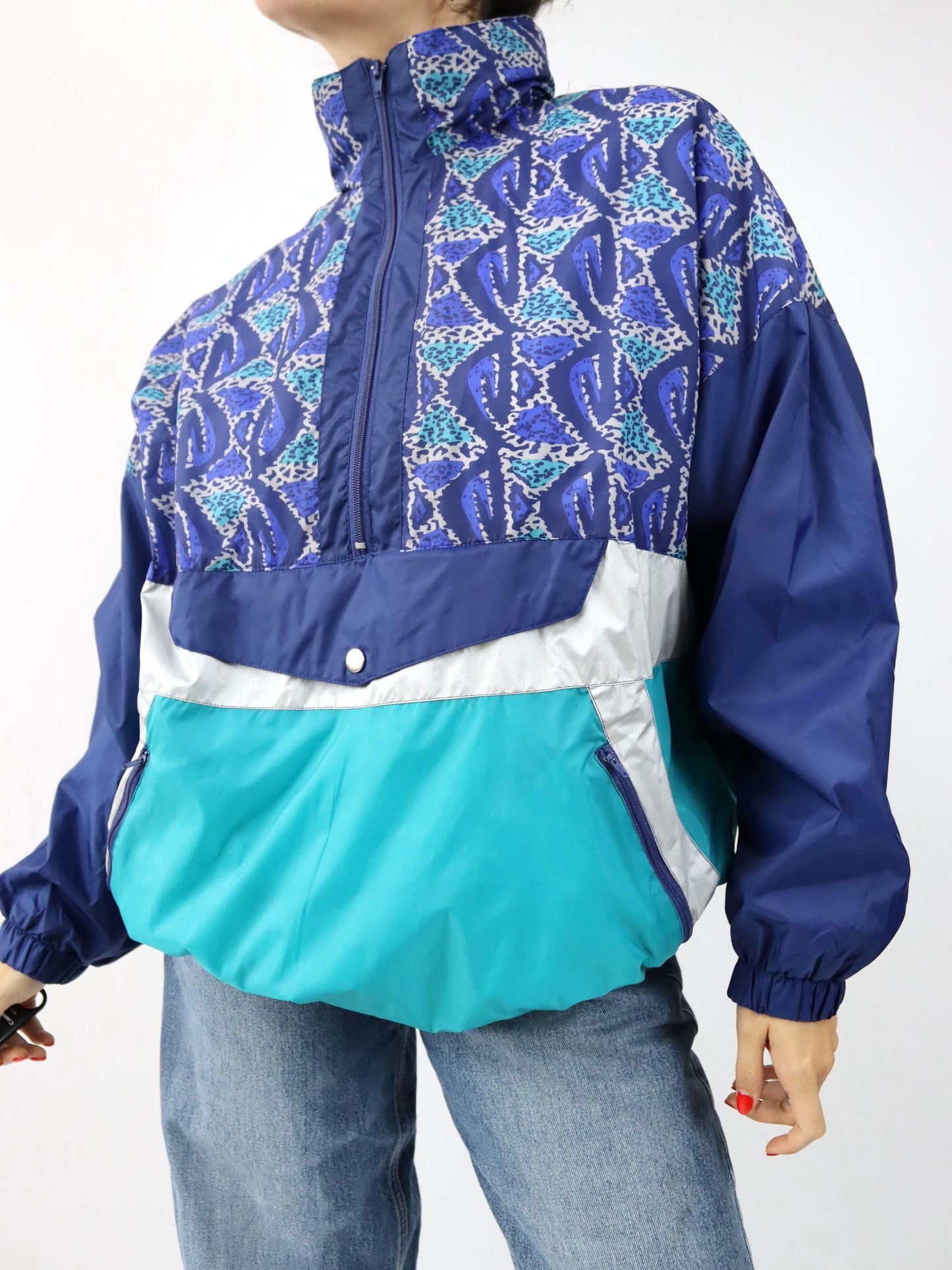 Vintage 80er 90er SAN MARCO Regenjacke Windbreaker blau crazy pattern L