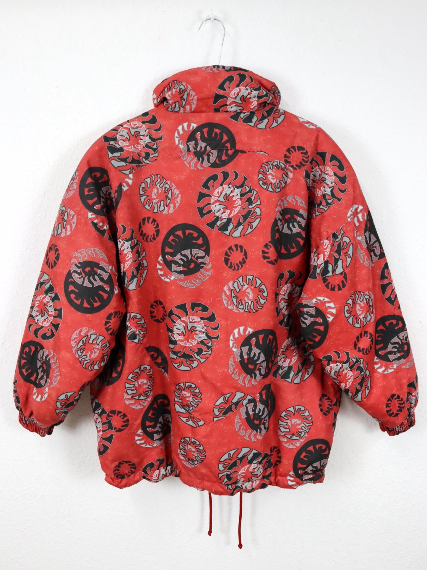 Vintage 80er 90er ETIREL Winterjacke gefüttert crazy pattern Stehkragen Schulterpolster rot schwarz 38/40