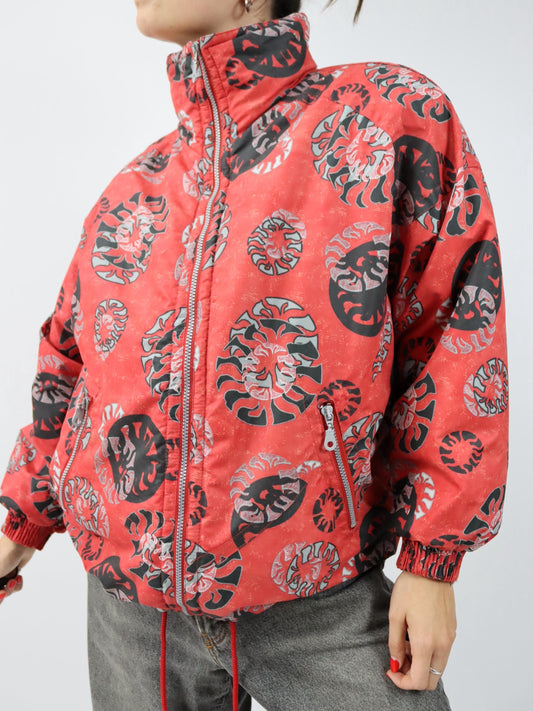 Vintage 80er 90er ETIREL Winterjacke gefüttert crazy pattern Stehkragen Schulterpolster rot schwarz 38/40