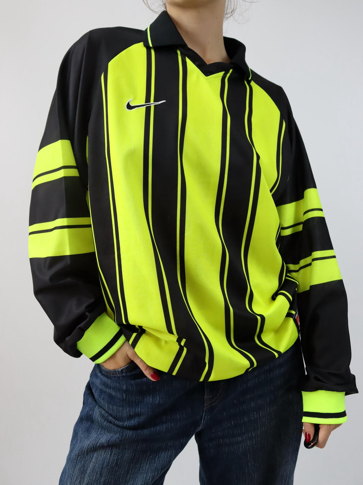Vintage 80s 90s NIKE Team Sports jersey long sleeve polo collar striped neon yellow black XL