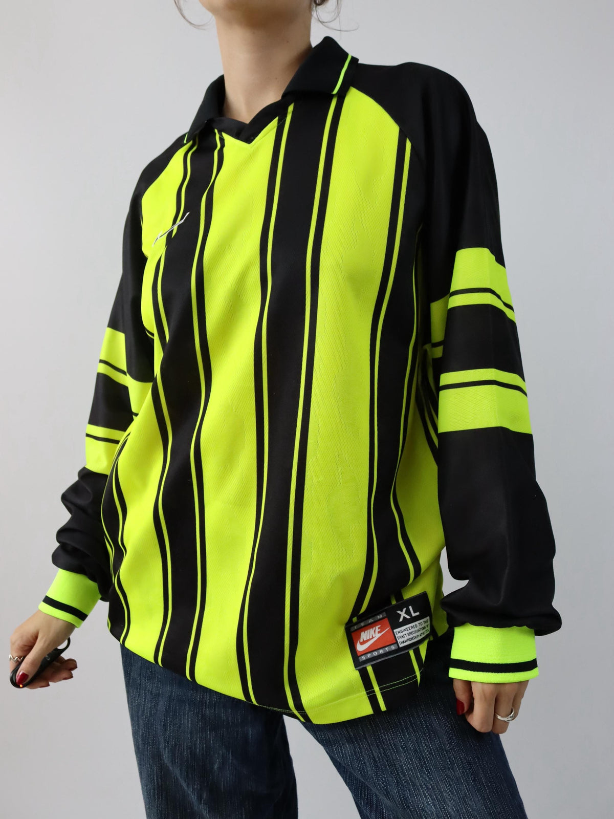 Vintage 80s 90s NIKE Team Sports jersey long sleeve polo collar striped neon yellow black XL
