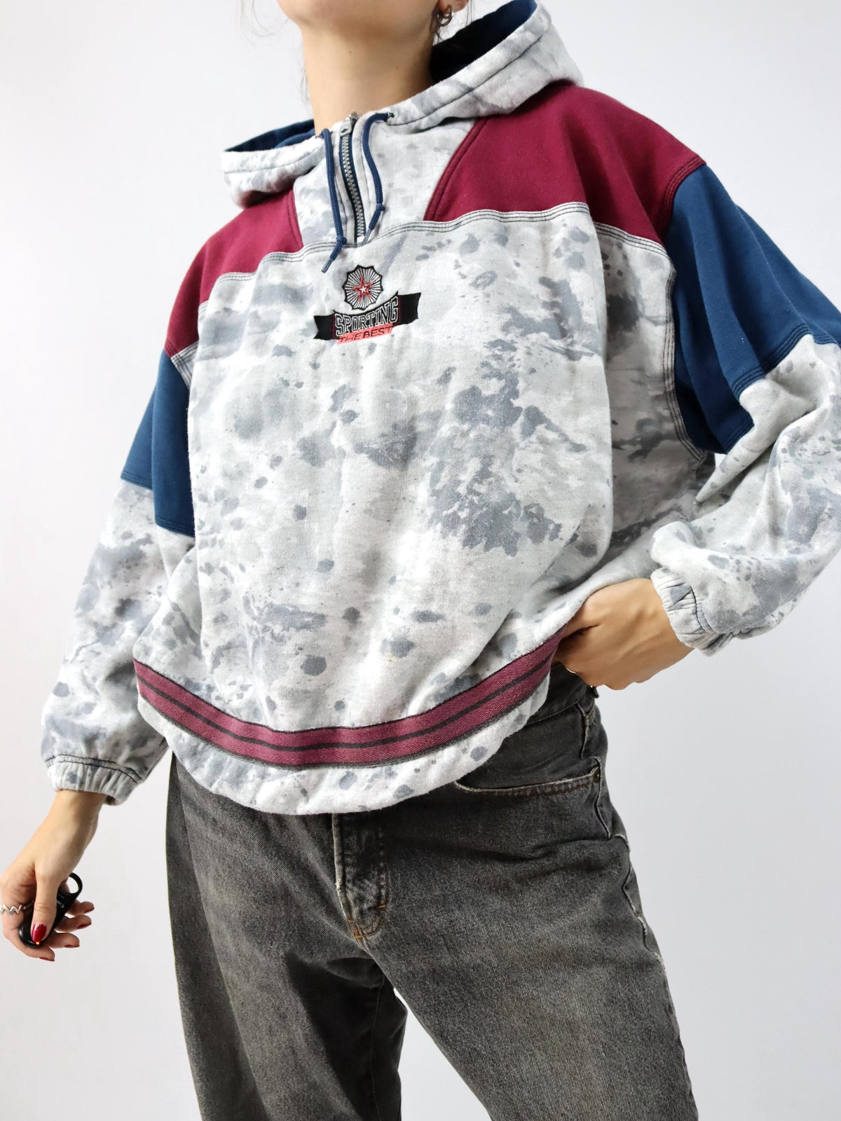 Vintage 80er 90er KILLTEC Hoodie Pullover Kapuze Batik Sticker grau blau rot M