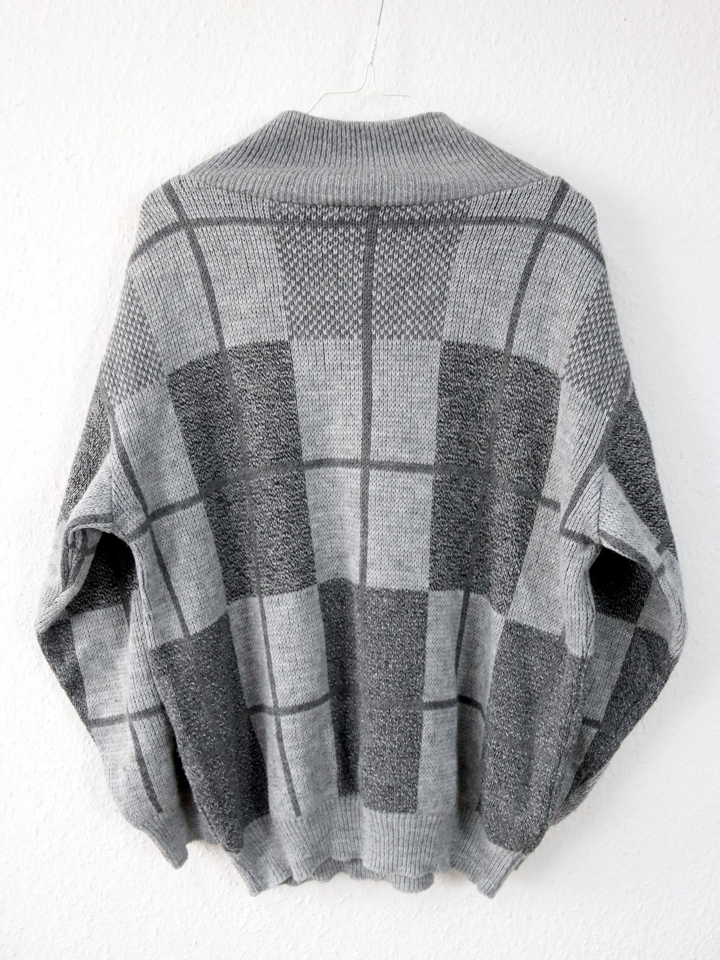 Vintage 80s 90s knitted sweater patterned zipper grey S/M