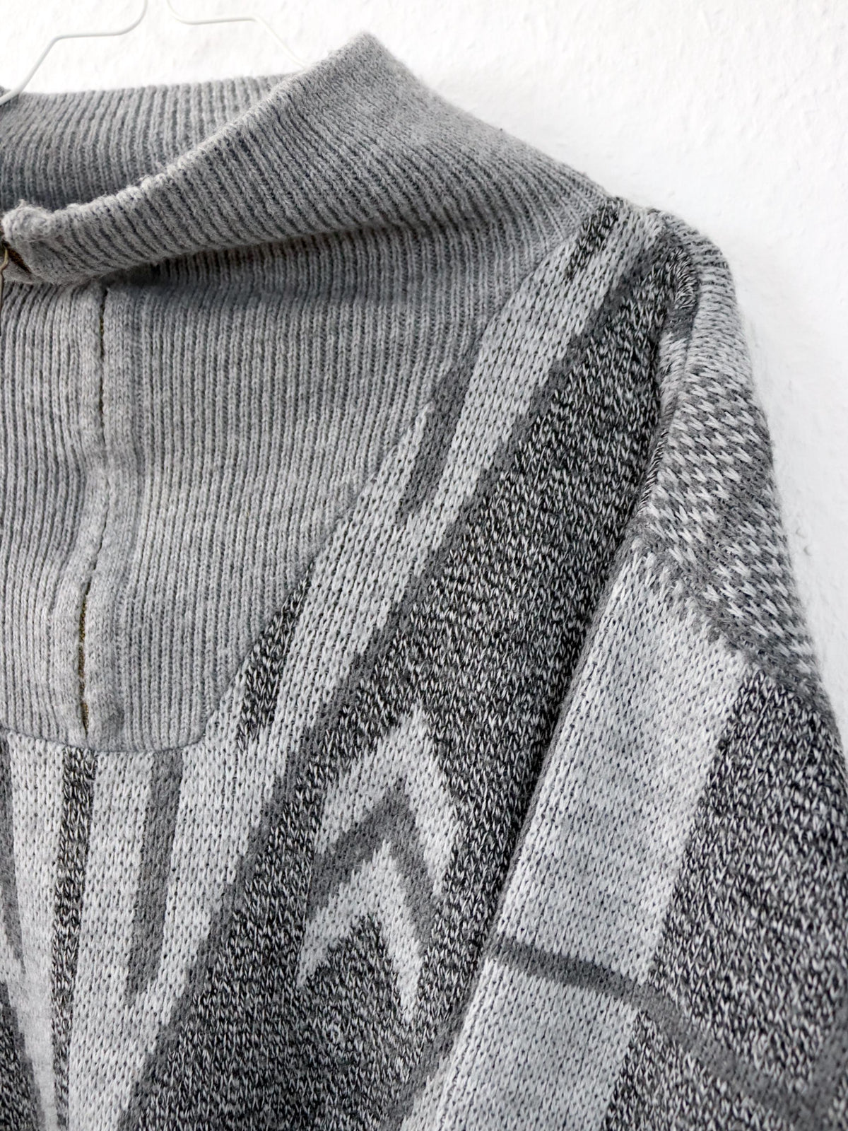 Vintage 80er 90er Strickpullover Pullover gemustert Reißverschluss grau S/M