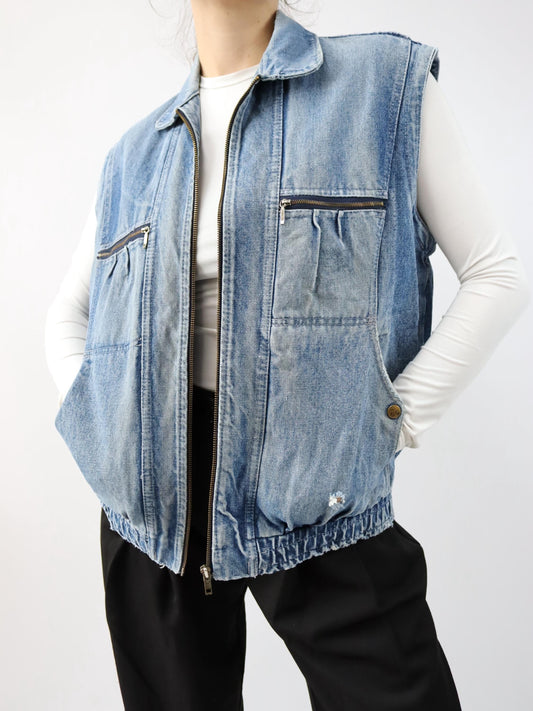 Vintage 80s 90s denim vest zipper used look M