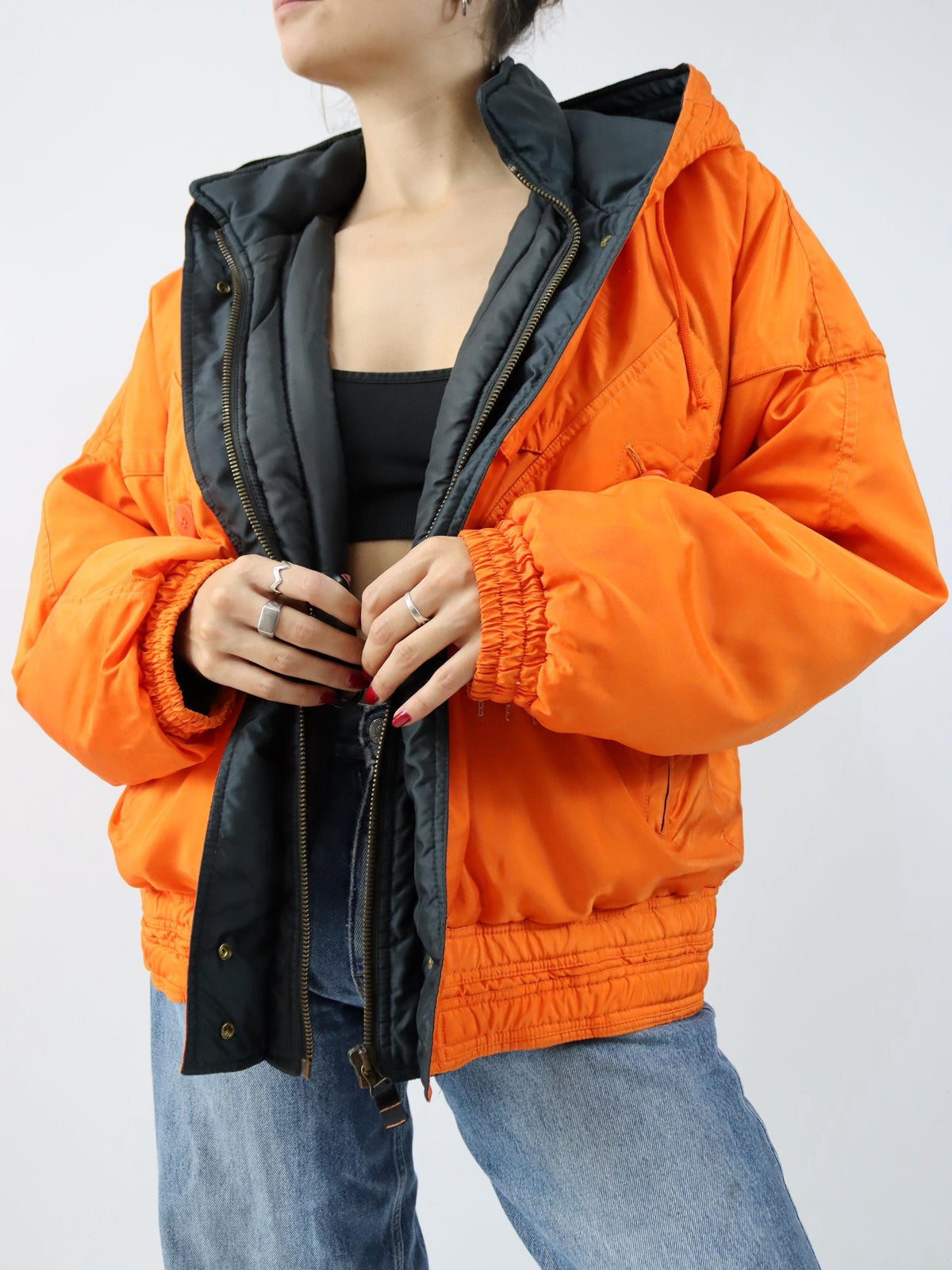 Vintage 80er 90er BELFE Winterjacke gefüttert orange schwarz Kapuze 42 L
