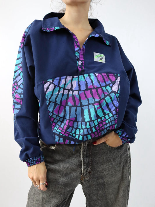 Vintage 80s 90s SALEWA sweater thin velvet fleece dark blue colorful crazy pattern L