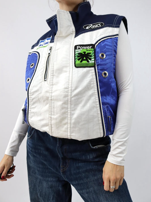 Vintage 80s 90s ASICS ski vest lined Ski Power Team Austria 1998 white blue inside fleece L