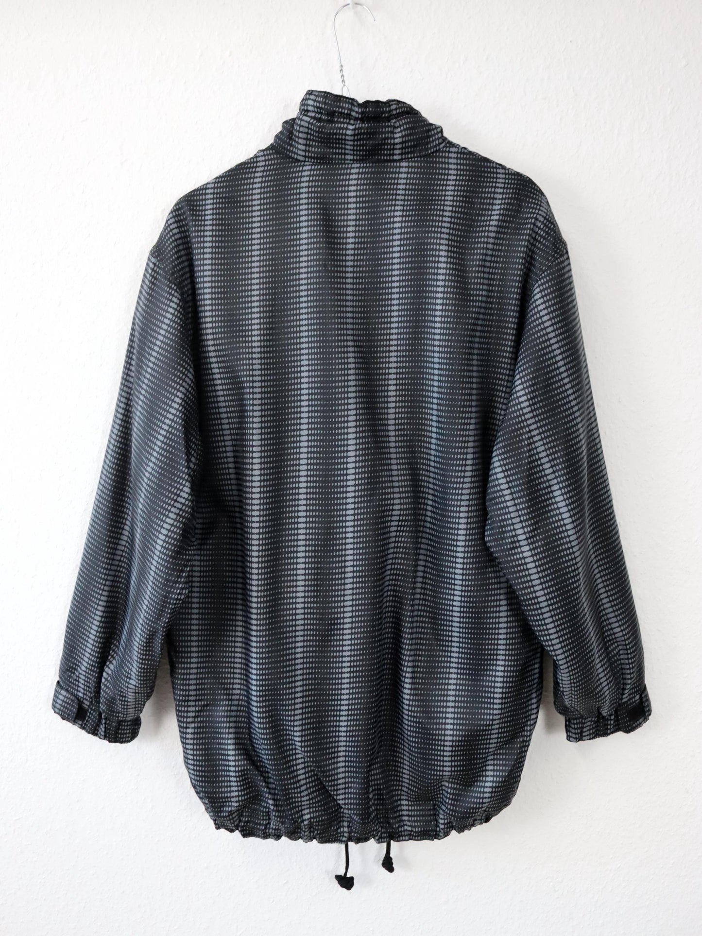 Vintage 80s/90s JOHN F.GEE jacket, fleece lining, crazy pattern, black/grey, stand-up collar, size 36/38