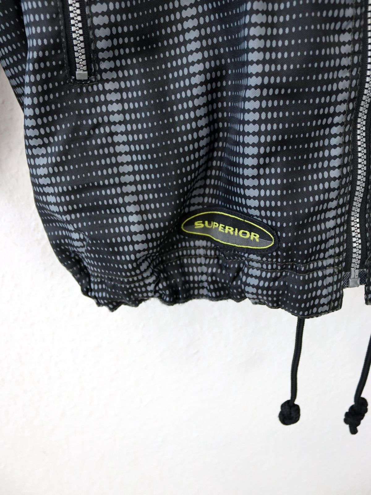 Vintage 80s/90s JOHN F.GEE jacket, fleece lining, crazy pattern, black/grey, stand-up collar, size 36/38