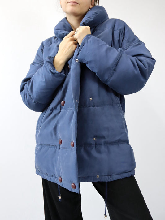 Vintage 80er 90er COLMAR Wintermantel Mantel Jacke Pufferjacket Daunen Seide dunkelblau 42