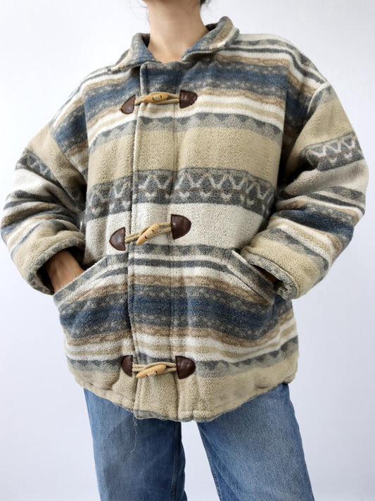 Vintage 80er 90er PRIMA VISIONA Wollmantel Navajo beige grau braun leicht gefüttert M