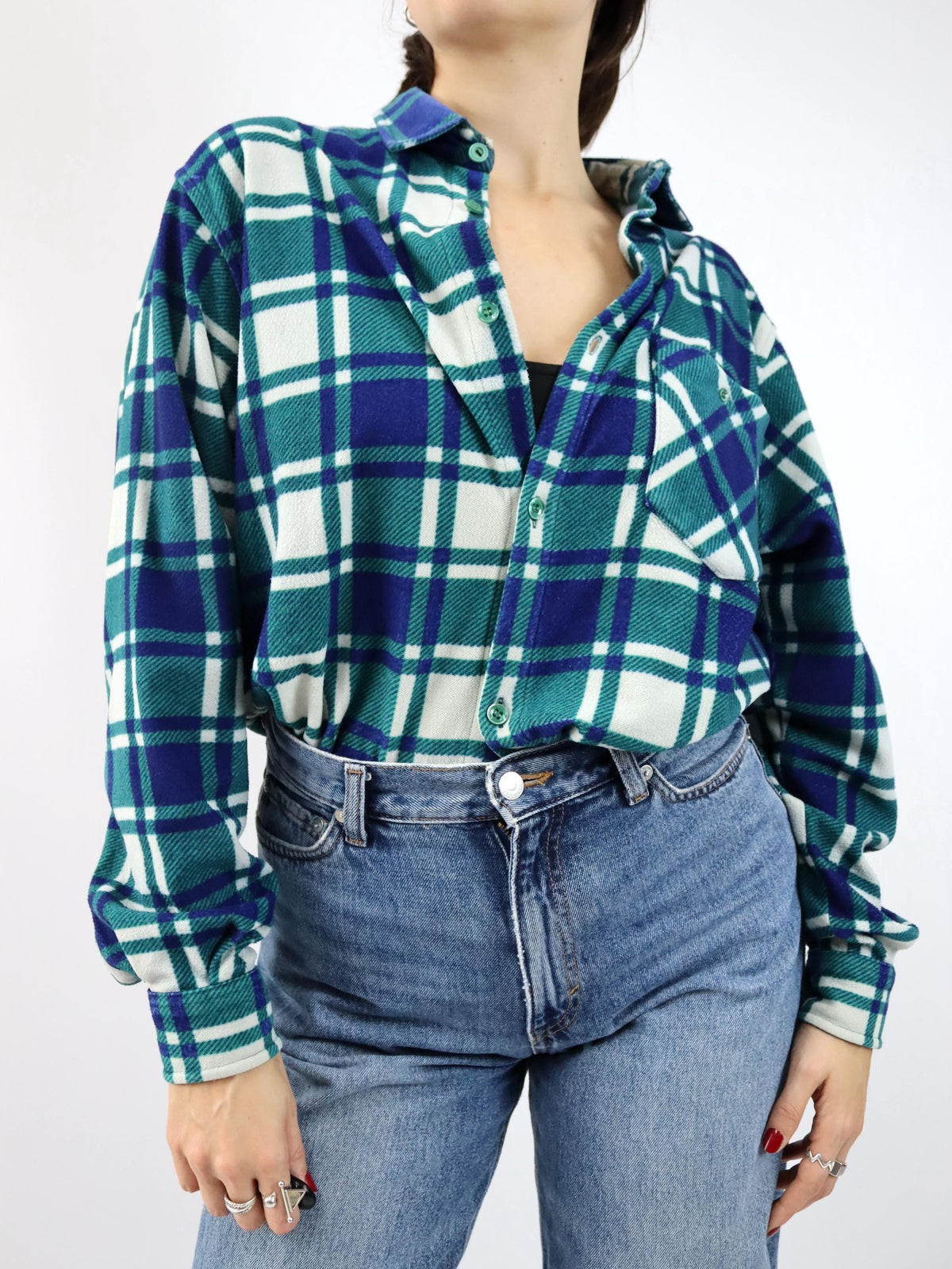 Vintage 80er 90er CALLES Flanellhemd Fleece kariert grün blau M