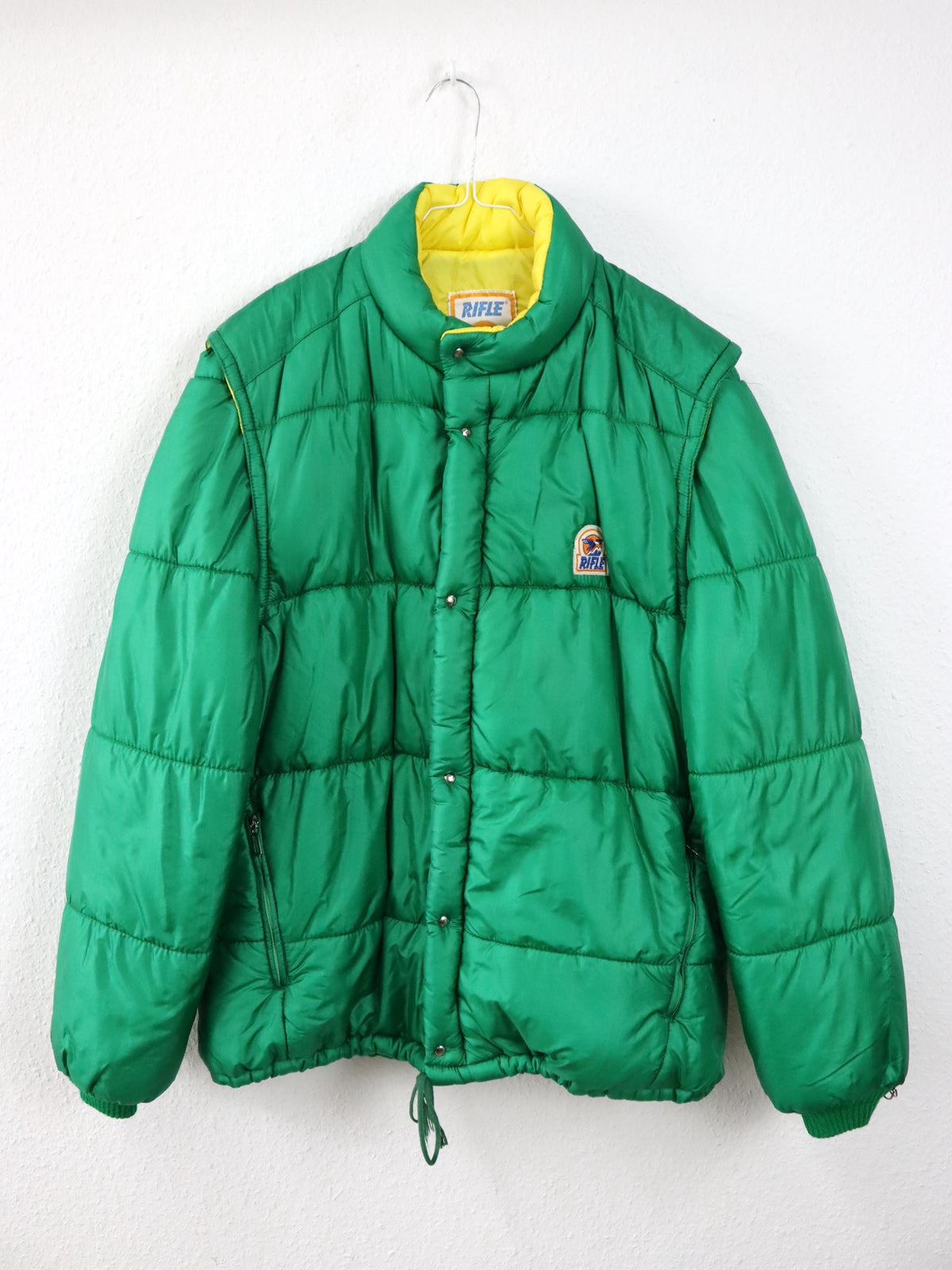 Vintage 80s 90s Rifle Puffer Jacket Winter Jacket Vest Green Yellow Lined XXL
