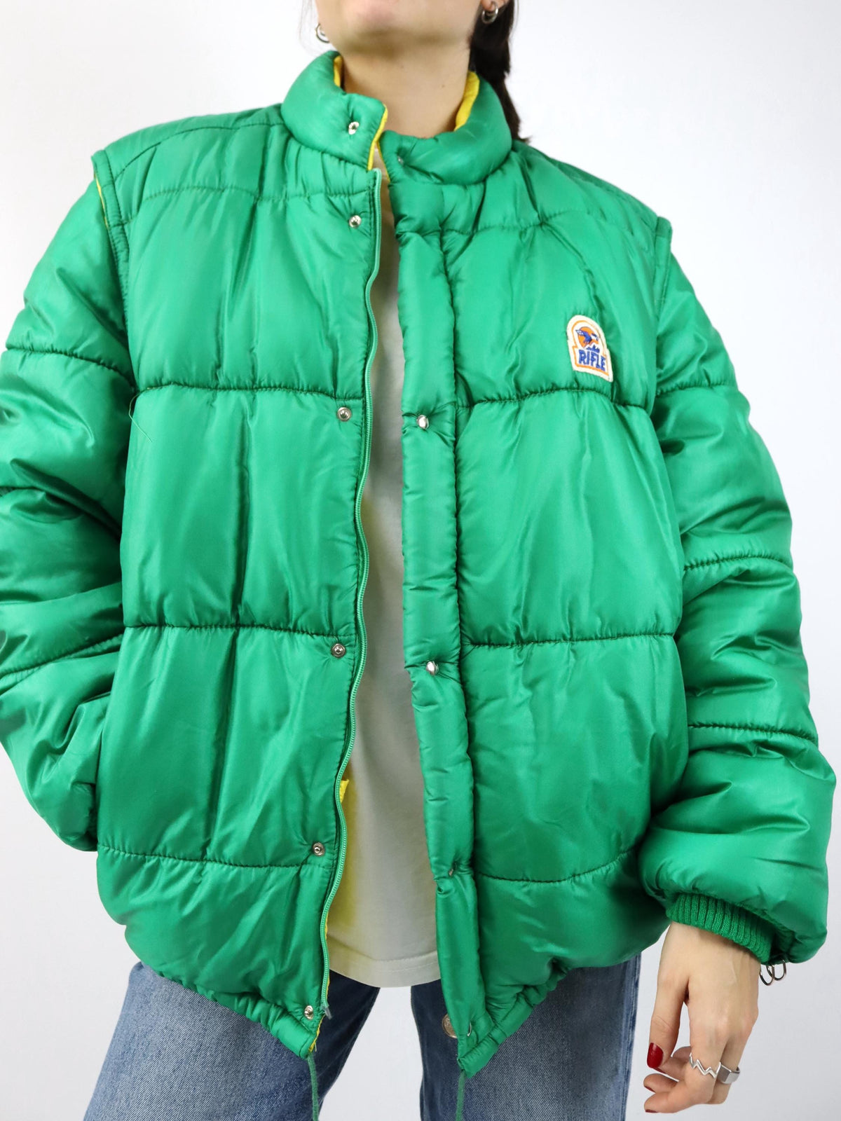 Vintage 80s 90s Rifle Puffer Jacket Winter Jacket Vest Green Yellow Lined XXL