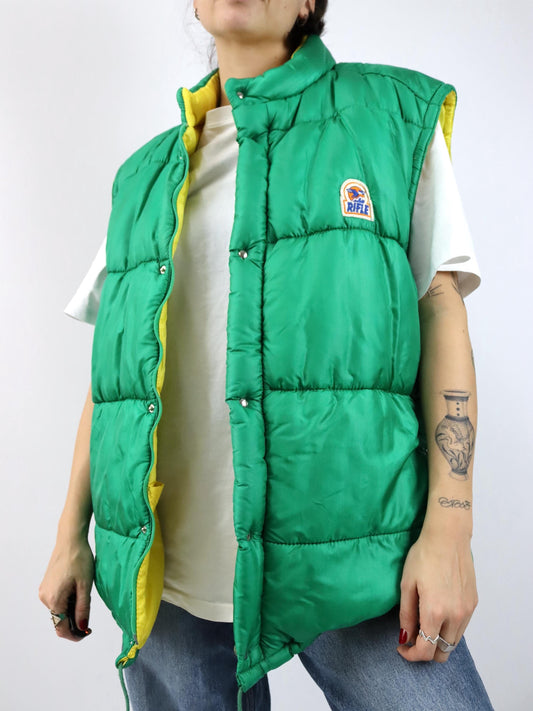 Vintage 80s 90s Rifle Puffer Jacket Winter Jacket Vest Green Yellow Lined XXL