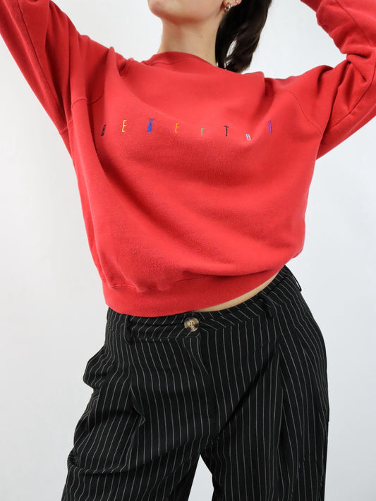 Vintage 80er 90er BENETTON Sweatshirt Crewneck Pullover rot bunt stickerei S