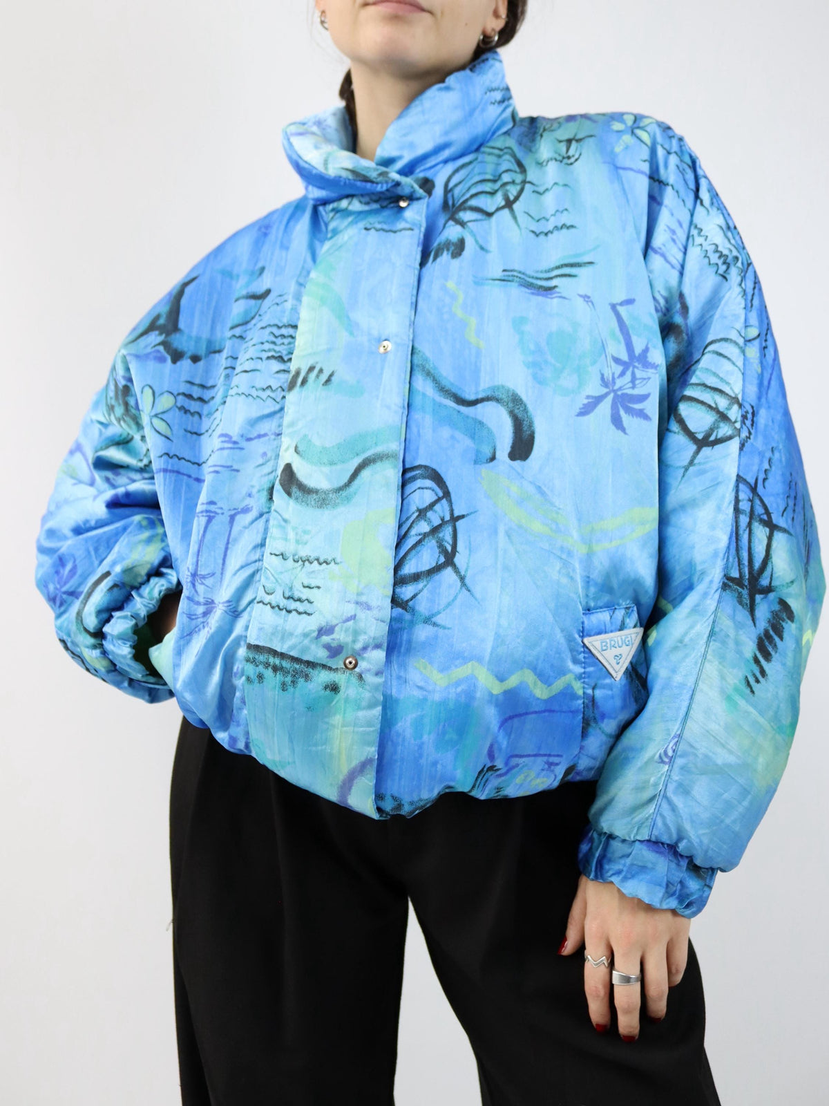Vintage 80s/90s BRUGI winter jacket, lined, crazy pattern, blue, size 44