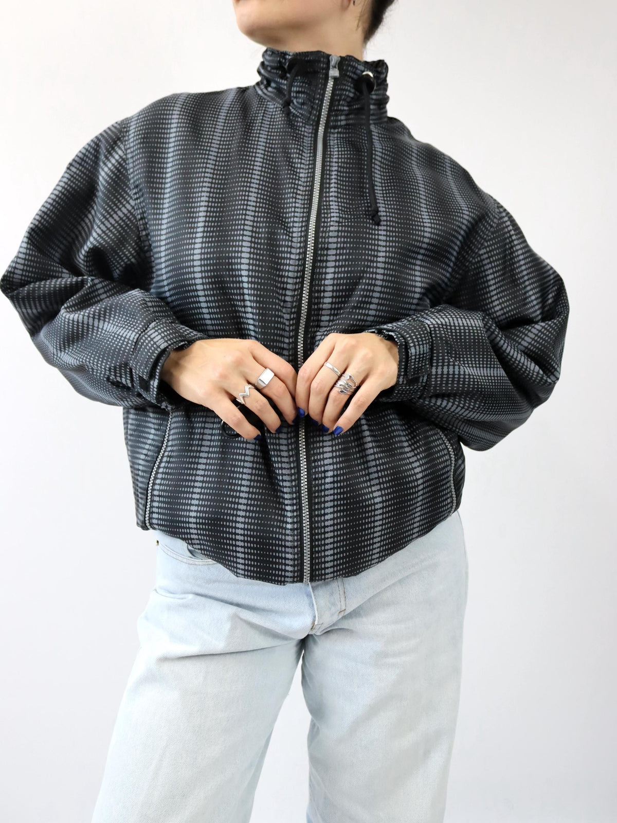 Vintage 80s/90s JOHN F.GEE jacket, fleece lining, crazy pattern, black/grey, stand-up collar, size 36/38