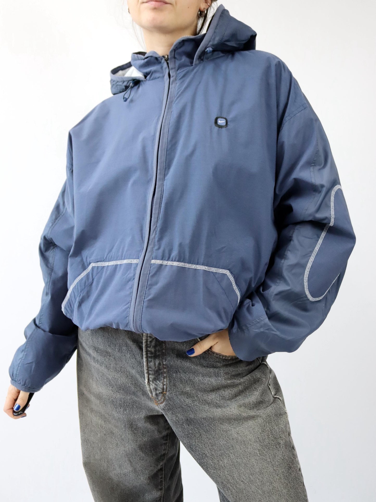 Vintage 90s 00s Y2k NIKE jacket with fleece lining and hood, blue, size L