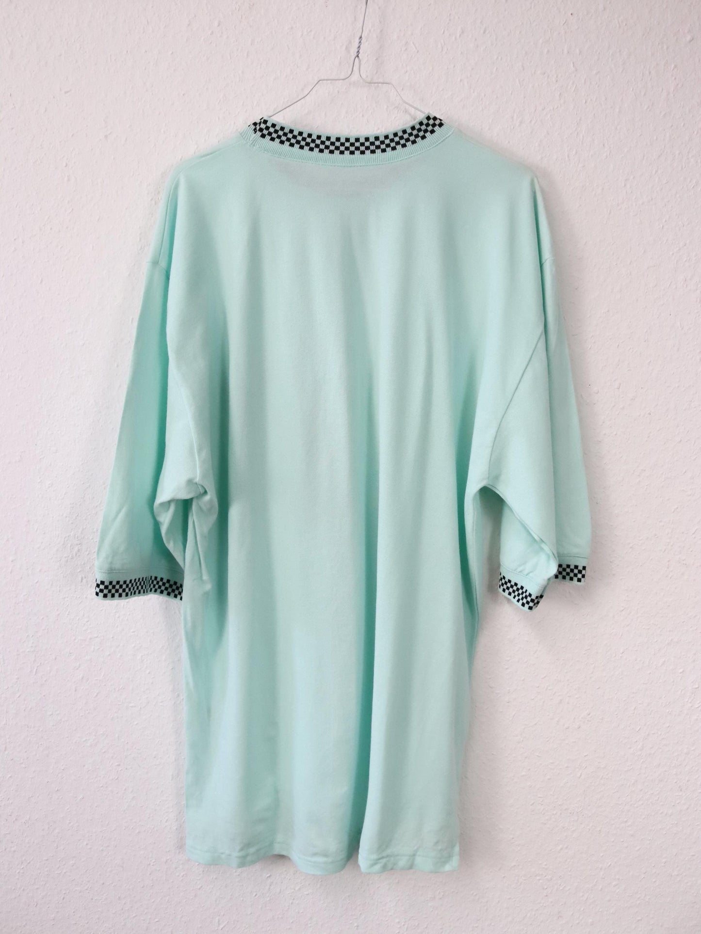 Vintage 80er 90er T-Shirt kurzarm türkis Schachbrettmuster Kragen Deadstock L