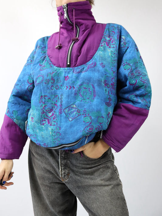 Vintage 80s 90s DINOTTI winter jacket, overcoat, crazy pattern, lined, stand-up collar, M