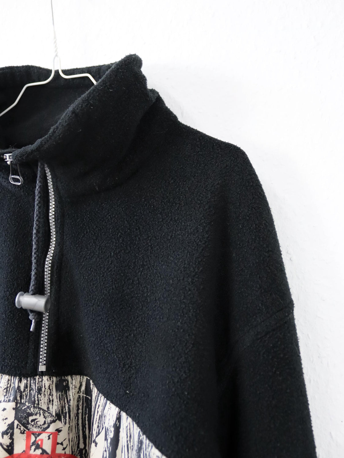 Vintage 80s 90s ETIREL fleece pullover, stand-up collar, crazy pattern, size 164 (S)