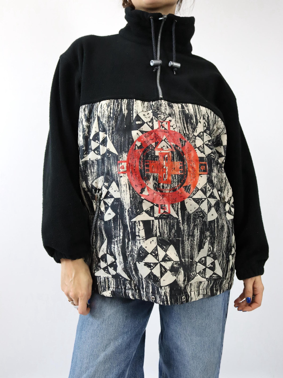 Vintage 80s 90s ETIREL fleece pullover, stand-up collar, crazy pattern, size 164 (S)