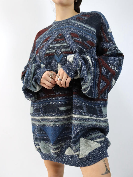 Vintage 80er 90er DEVRED Wollpullover Pulloverkleid gemustert Wolle Strick 3XL