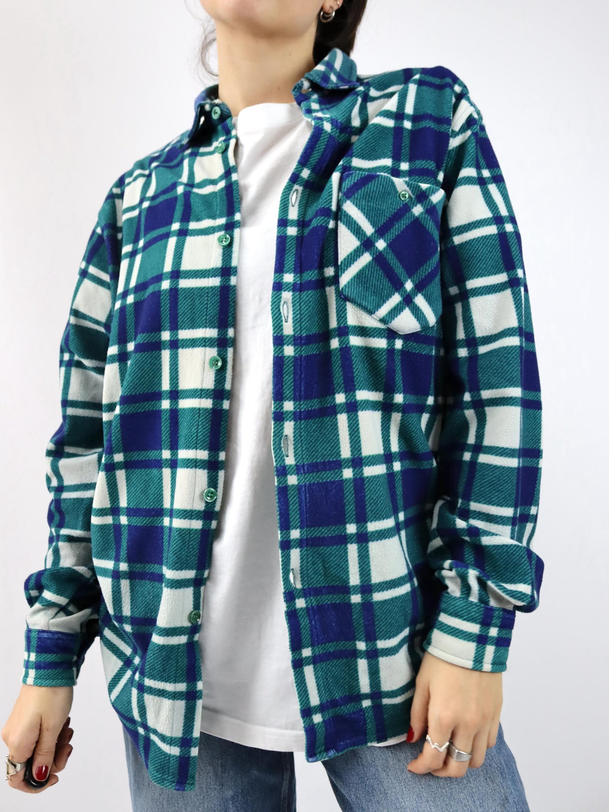Vintage 80er 90er CALLES Flanellhemd Fleece kariert grün blau M