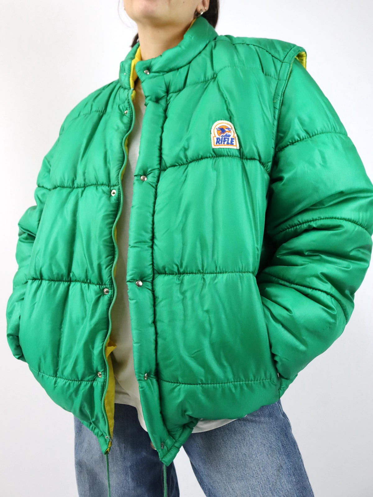 Vintage 80s 90s Rifle Puffer Jacket Winter Jacket Vest Green Yellow Lined XXL