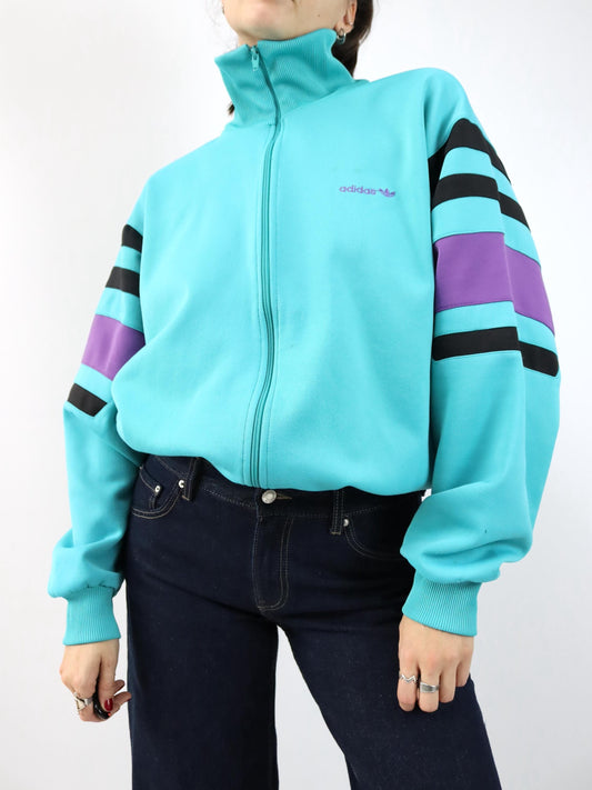 Vintage 80s 90s ADIDAS track jacket, stand-up collar, turquoise, purple, black, D7 L