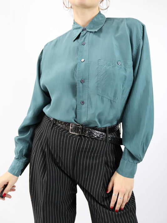 Vintage 80er 90er GUY Seidenhemd Hemd langarm Seide petrol M