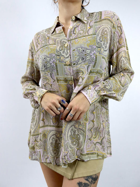 Vintage 80er 90er Bluse langarm leicht transparent Paisleymuster M