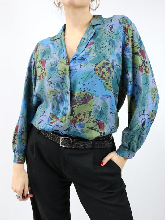 Vintage 80er 90er Bluse langarm crazy pattern M