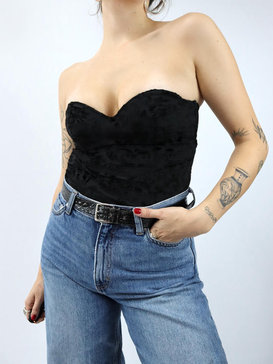 Vintage 80er 90er CHRISTIES Body Bandeau Samt gemustert schwarz 65 S