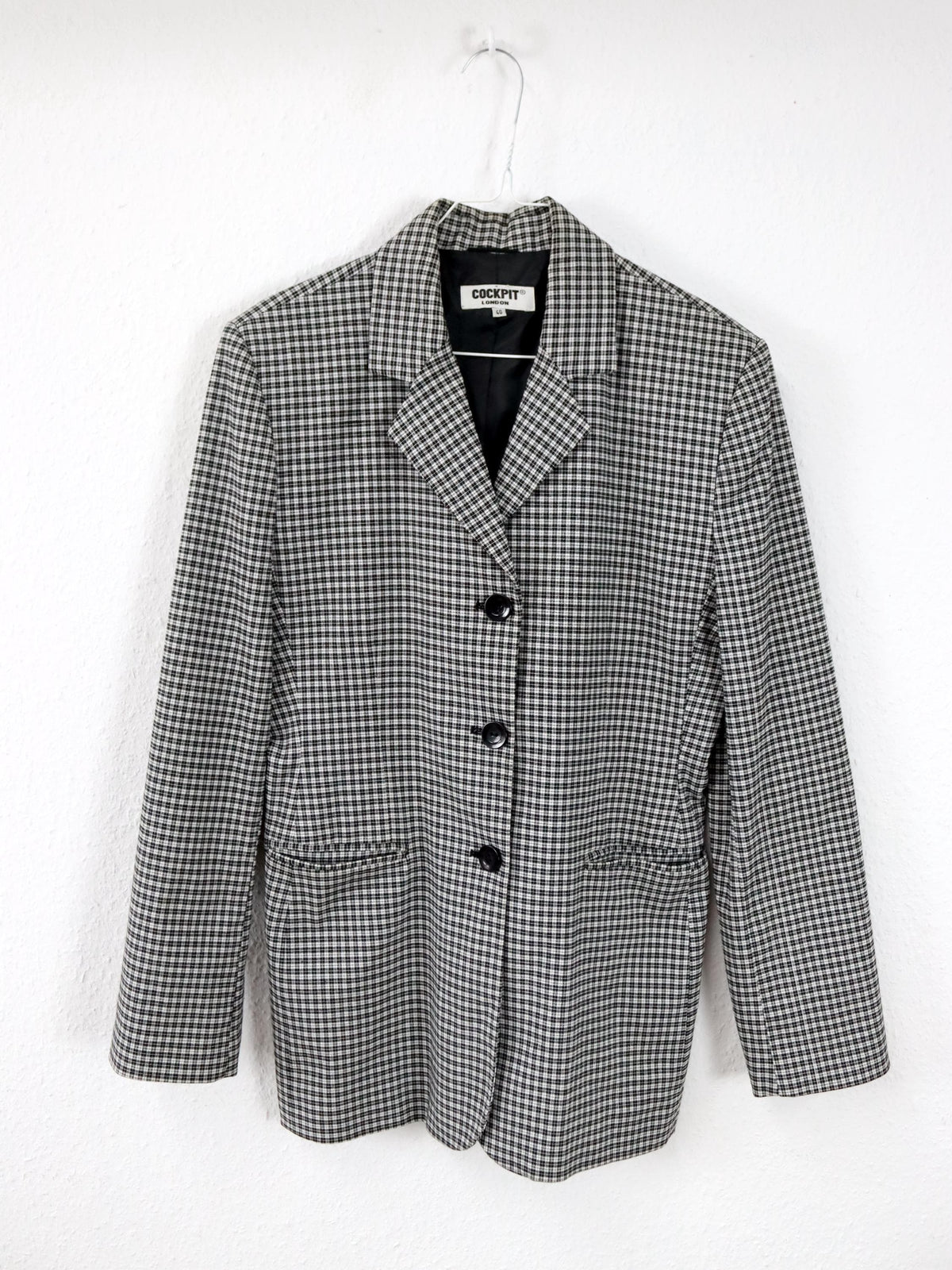 Vintage 80er 90er COCKPIT LONDON Blazer Schulterpolster tailliert schwarz weiß kariert 40