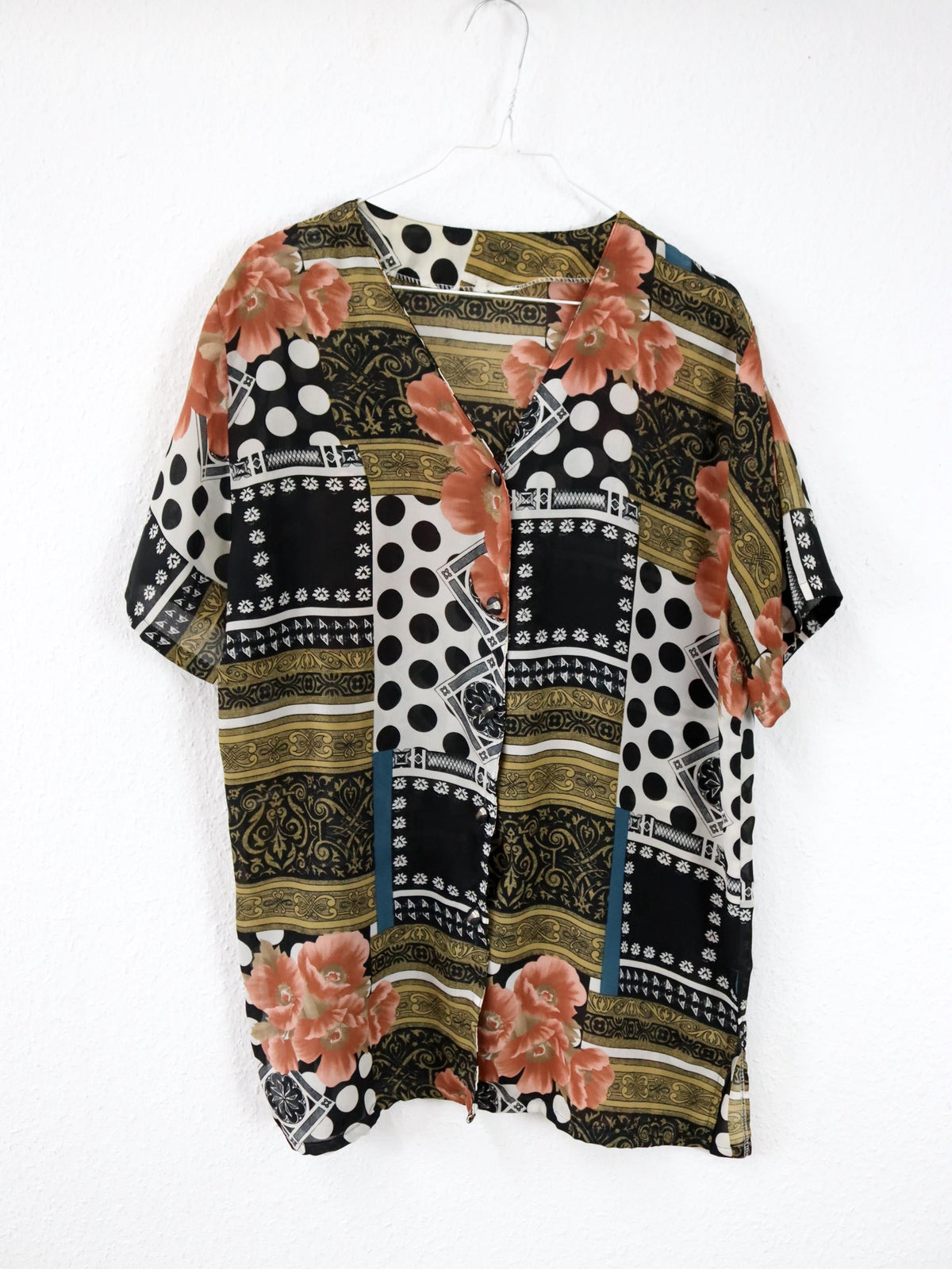 Vintage 80er 90er Bluse kurzarm leicht transparent crazy pattern L