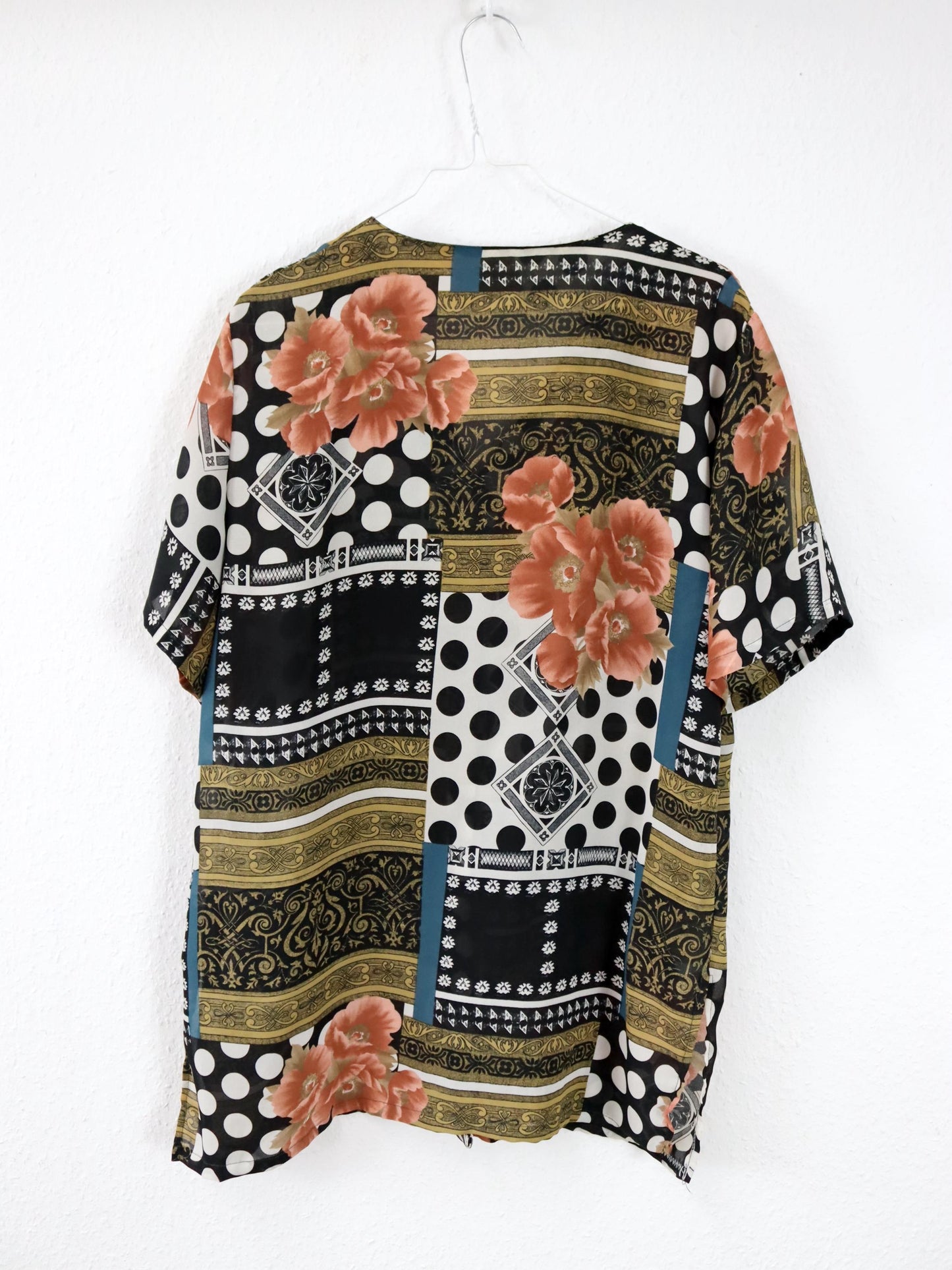 Vintage 80er 90er Bluse kurzarm leicht transparent crazy pattern L