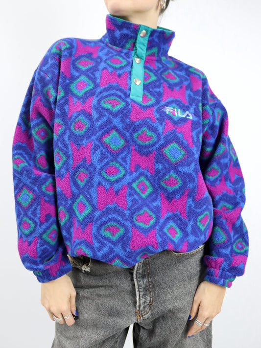 Vintage 80er 90er FILA Magic Line Fleecepullover crazy pattern Stehkragen 50 L