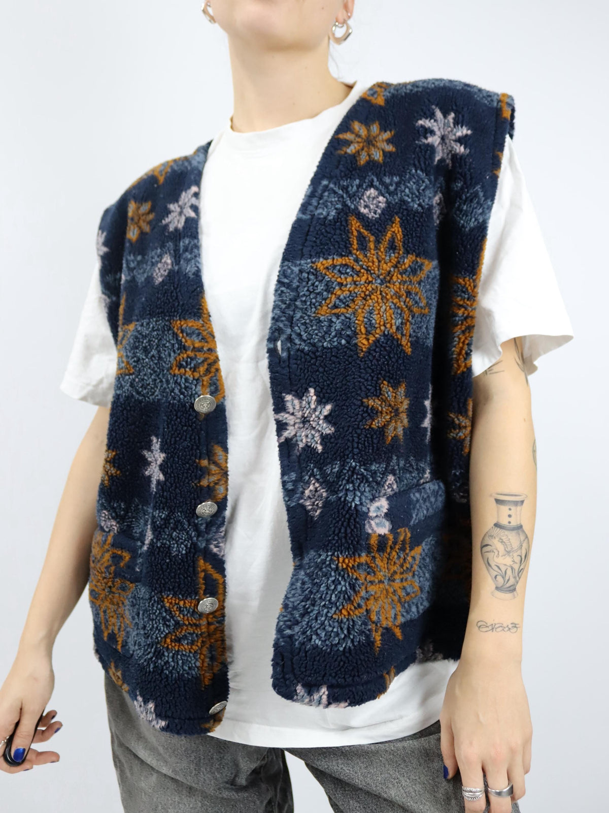 Vintage 80s 90s ASTROLABIO Fleece Vest patterned dark blue L