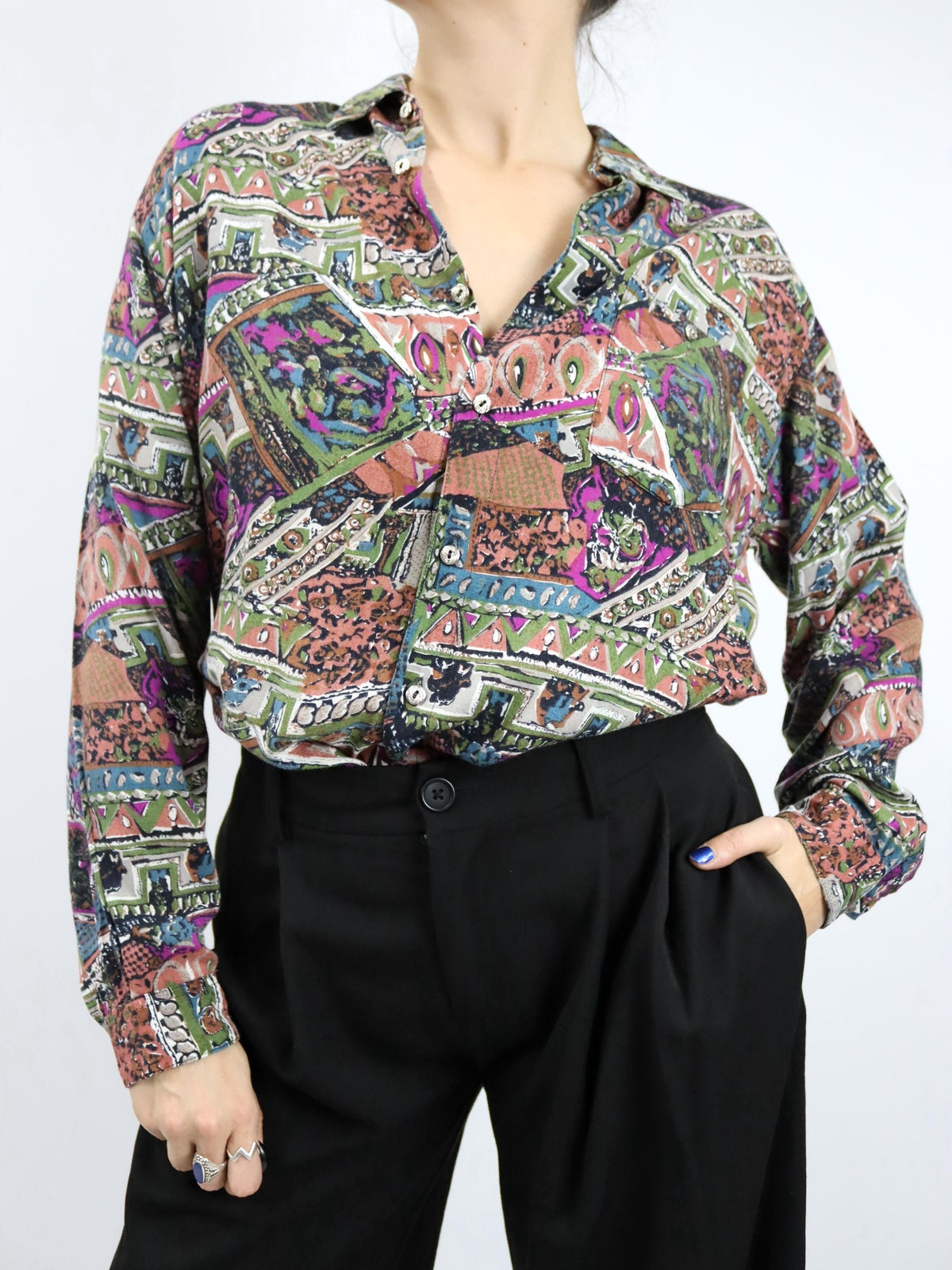Vintage 80er 90er EROS Bluse langarm crazy pattern bunt XL