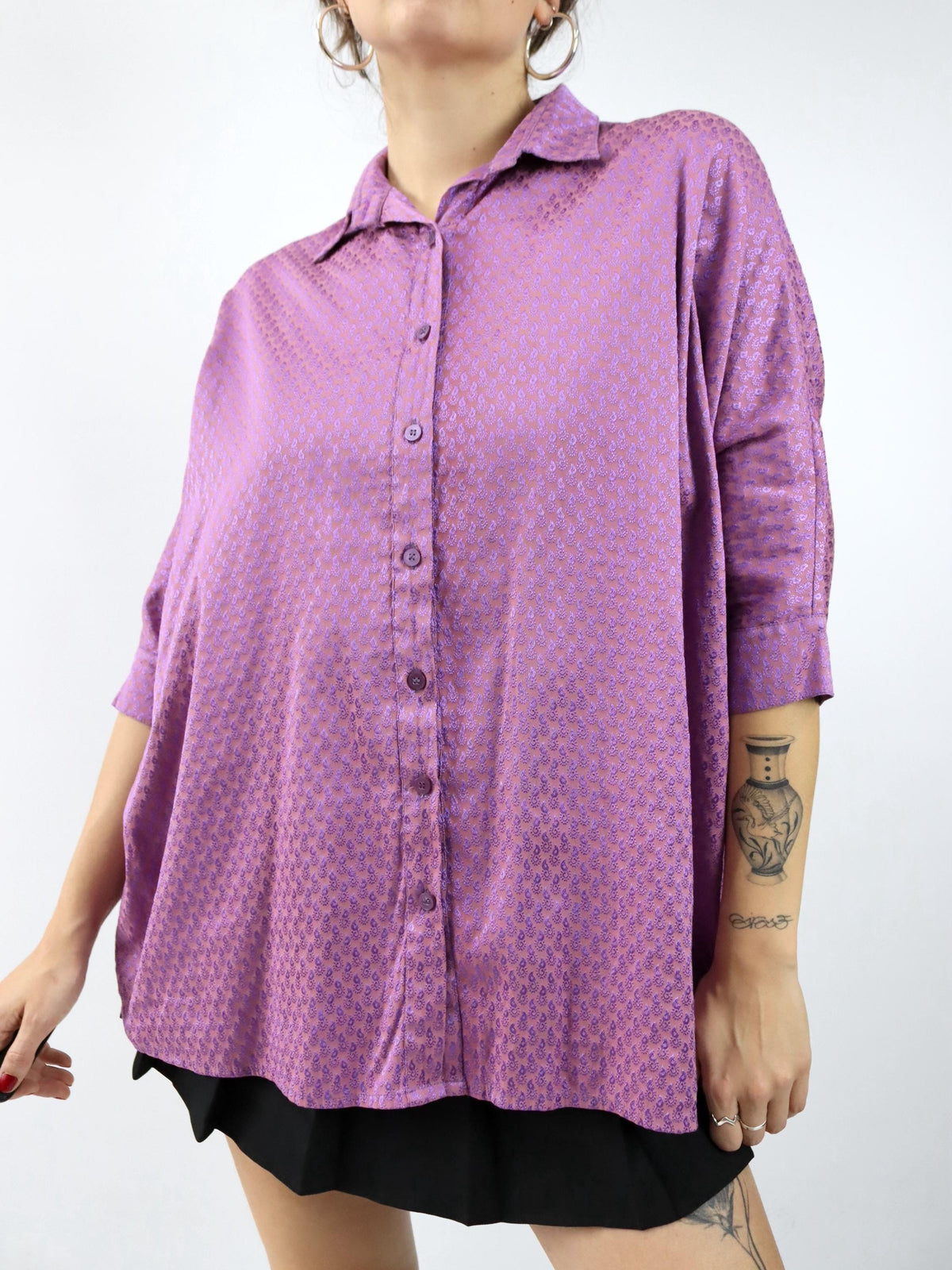 Vintage 80er 90er Bluse Hemd kurzarm gemustert pink lila L